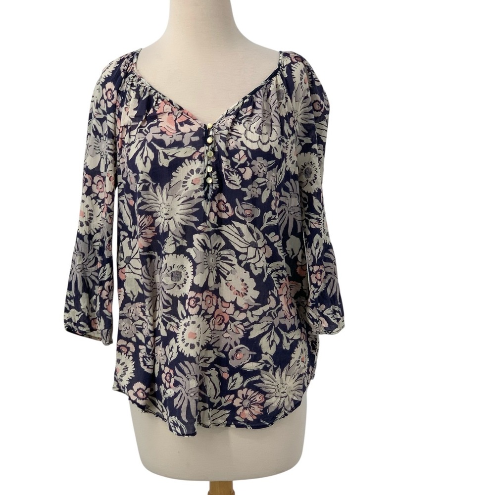 Chaps Denim Women's 3/4 Sleeve Floral Blouse‎ Top Navy Pink White Size S READ